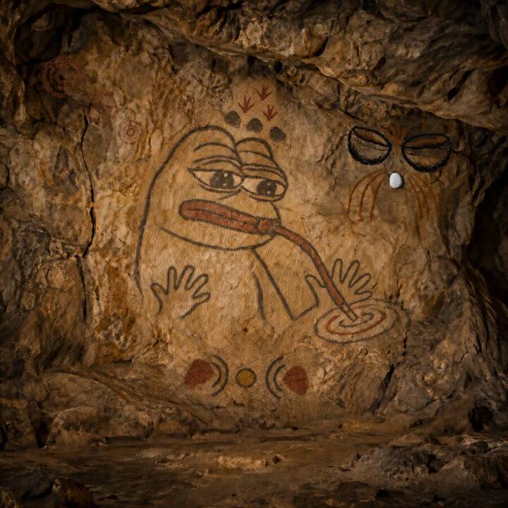 The same wall after five Pepeolithic: the first Pepeolithic, ripples, stones, an eye above